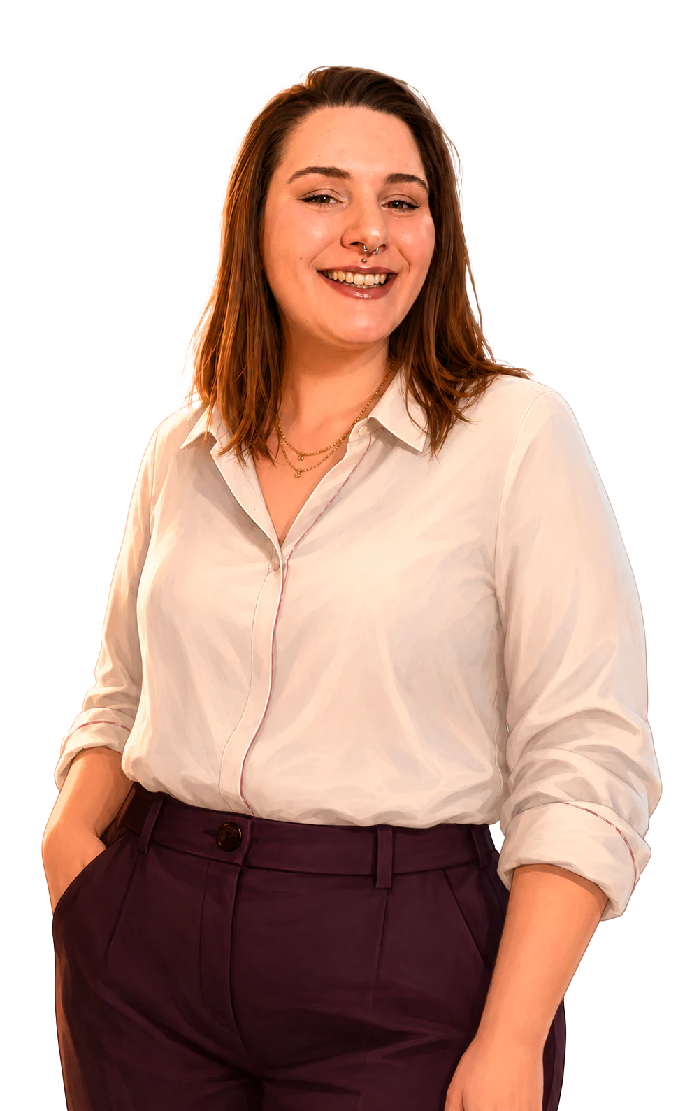 Portrait illustré de Lucie Postiaux, développeuse full-stack.
