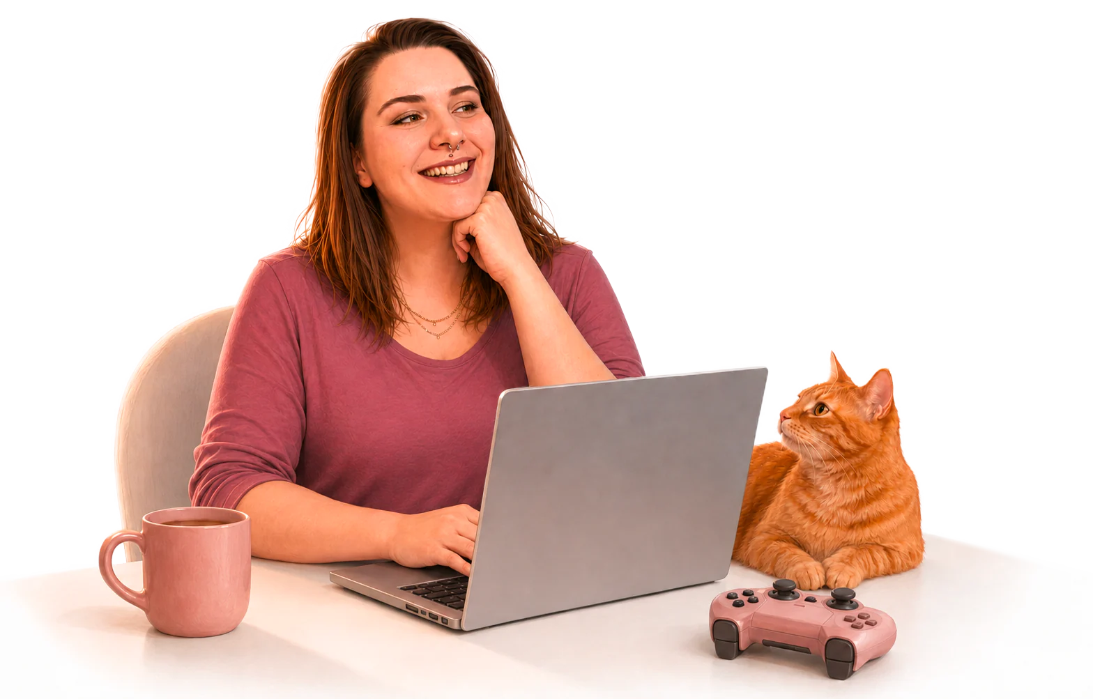 Illustration de Lucie installée devant son ordinateur, avec une tasse, une manette et son chat roux.