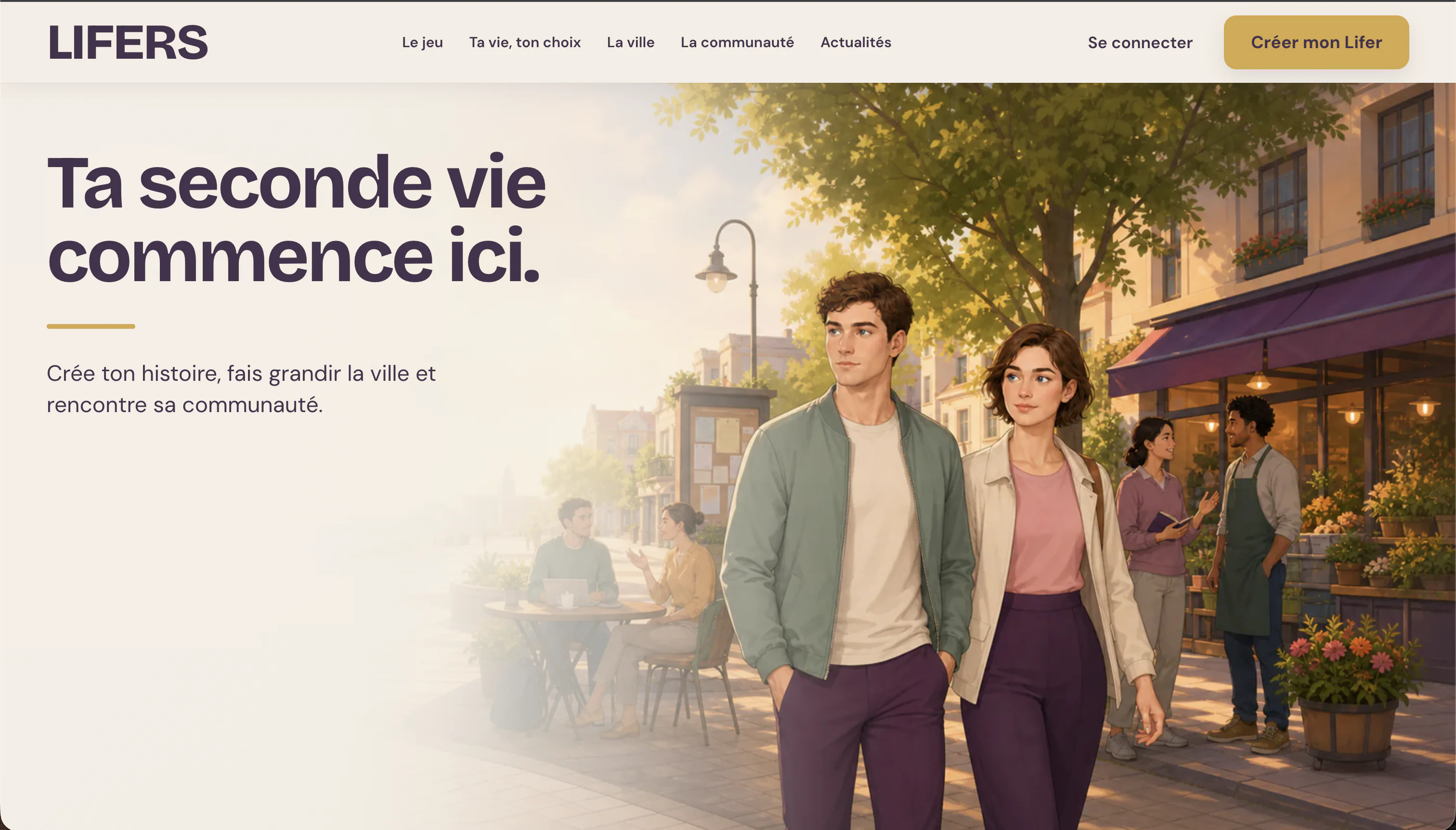 Page d’accueil de Lifers présentant deux personnages dans une rue illustrée.