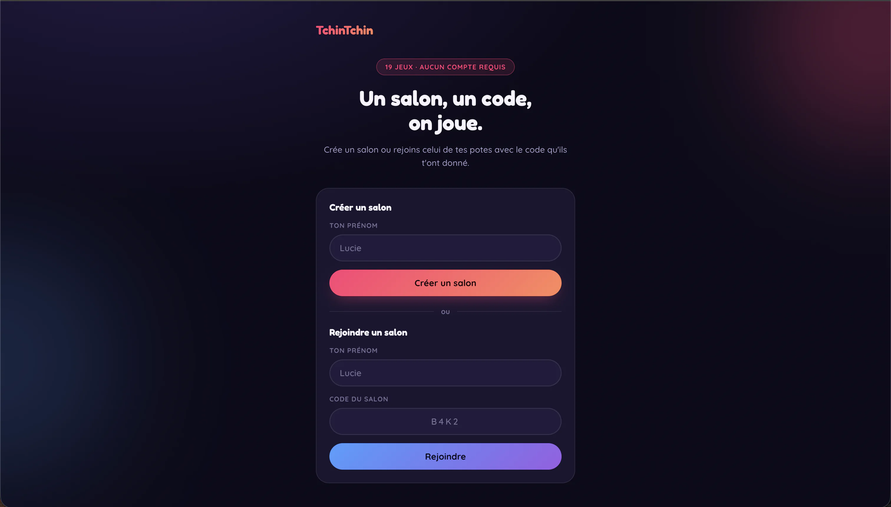 Page d’accueil de Tchin Tchin permettant de créer ou de rejoindre un salon de jeu.